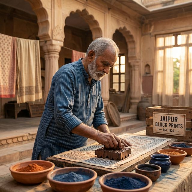 A master artisan doing traditional block printing on fabric